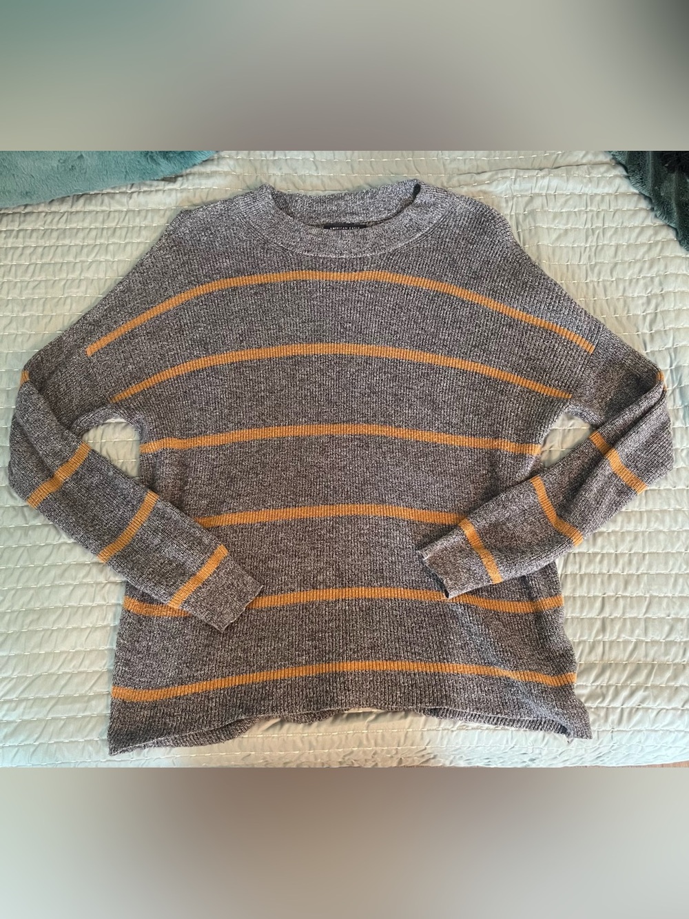 American Eagle Gray Crewneck Sweater with Mustard Stripe